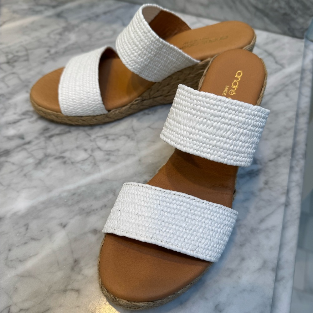 Andre Assous White and Tan Wedge Sandals